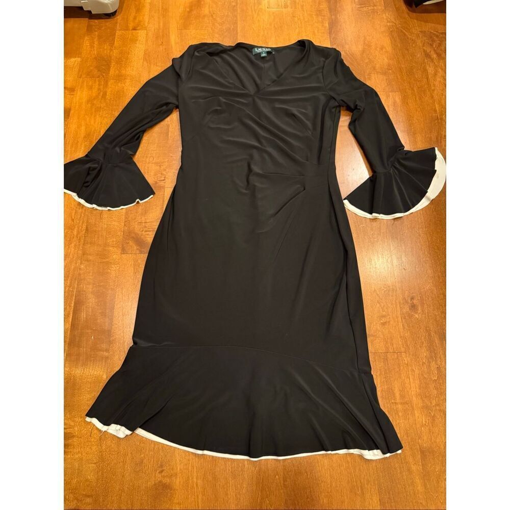 Woman’s Lauren by Ralph Lauren little black dress size 6 ruffle sleeves white ac